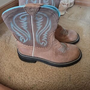 Girls Tan/Pink Western Cowboy Boots with Turquoise Stitching
